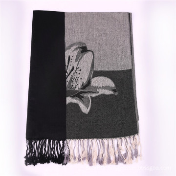 Ladies′ Black Cotton Scarf Winter Pashmina with Jacquard Flower Pattern